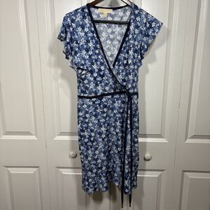 Michael Kors Faux Wrap Dress Womens S Blue Floral Stretch Boho Cottagecore